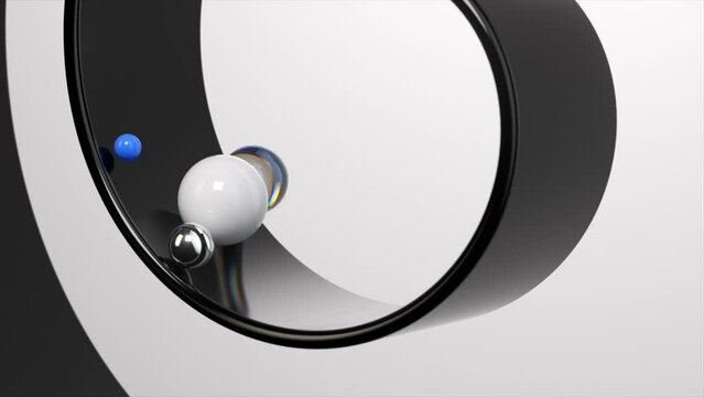 Glossy spheres glide on a sleek, yin-yang inspired surface, a study in contrast and reflection in motion. 3D Animation of seamless loop