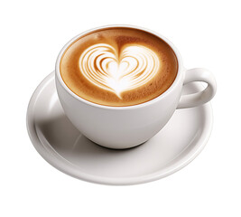 Cup of hot coffee latte with heart shape isolated on transparent background. PNG file, cut out