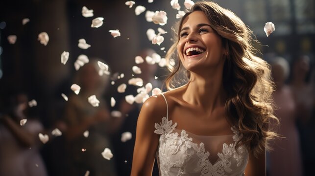 Guests showering petals during the wedding ceremony, and a happy bride, Generative AI.
