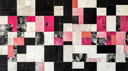 Abstract Painting With Black, Pink, and White Squares