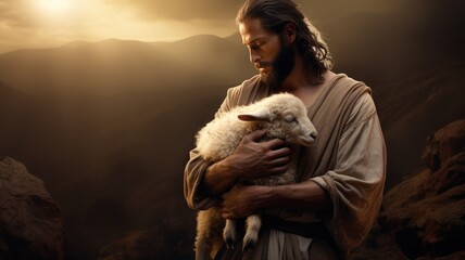 a biblical story in which a Shepherd finds a lost sheep while holding it in his arms, the compassion and love inherent in this theme will convey the essence of redemption and salvation. - obrazy, fototapety, plakaty