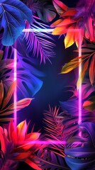 Neon Frame Surrounded by Tropical Leaves, Vibrant, Modern, and Exotic Wall Art
