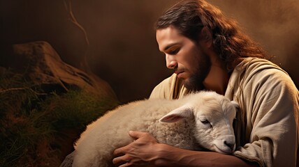 a biblical story in which a Shepherd finds a lost sheep while holding it in his arms, the compassion and love inherent in this theme will convey the essence of redemption and salvation. - obrazy, fototapety, plakaty