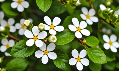 white flowers on a background of green leaves