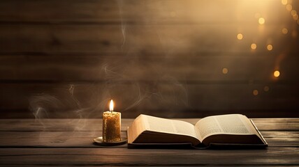 a candle and a Bible on an old oak wooden table against a beautiful gold background, in a minimalist modern style, emphasizing the serene and sacred nature of the religious concept.