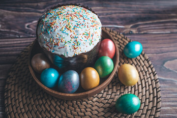 Still life Easter eggs and Easter cake on the table. The concept of home comfort in the bright holiday of Easter.