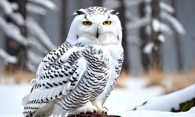 a snowy owl on a tree background in winter