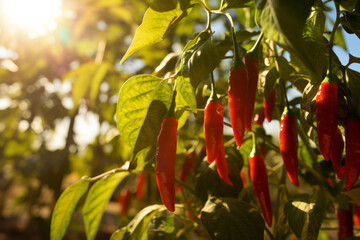Growing red hot pepper harvest and producing vegetables cultivation. Concept of eco green business and healthy food