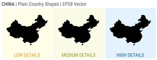 China - plain country shape. Low, medium and high detailed maps of China. EPS8 Vector illustration. - obrazy, fototapety, plakaty