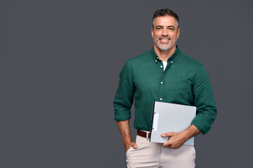 Happy middle aged business man company manager, smiling older professional salesman wearing green...