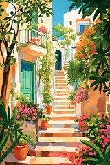 Fototapeta na wymiar Crete, In the style of matisse, gouache, mediterannean, surrounded by flowers, colorful, illustration, beautiful