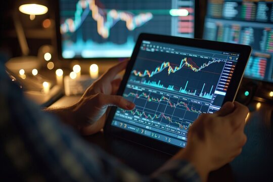 Businessman trader investor broker holding tablet computer analyzing charts bank account market rate global indexes online forecast on stock exchange digital finances trade platform. Generative AI
