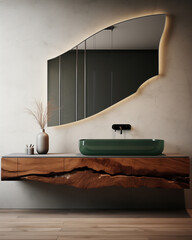 Modern bathroom interior. Unic mirror and wooden floating live-edge desk with a sink against light wall. Green and brown color accents
