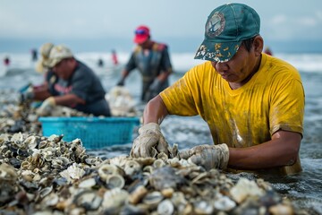 Manual sea workers collect and separate seashells from a net.