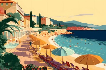 french riviera vibrant illustration with a vintage tone