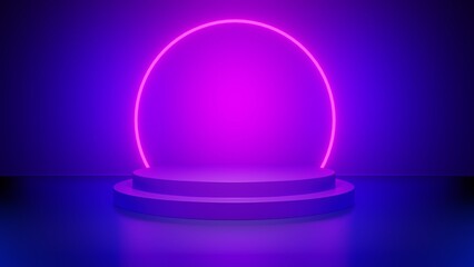 Purple podium with purple neon circles. Futuristic platform for your product display. Purple display stand.