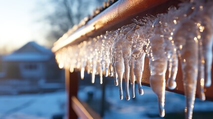 In the sunlight, lovely clear icicles dangle from the ancient roof, Generative AI. - obrazy, fototapety, plakaty