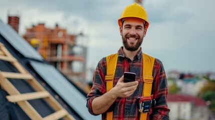 photo of smiling badass engineer influencer with mobile phone in his hand and yellow helmet, on roof of construction site - obrazy, fototapety, plakaty