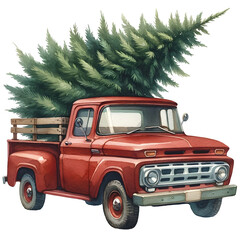 Vintage pickup truck with Christmas tree. Watercolor illustration.