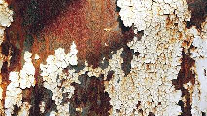 Rusted white painted metal wall with sunlight. Rusty metal background with streaks of rust. Rust...
