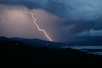 Lightning over the Lake Berryessa reservoir in Napa County, California on a stormy night. 