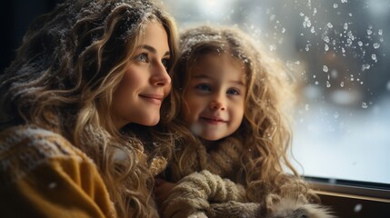Mum and daughter looking out the window to enjoy the winter scenery, Generative AI. - obrazy, fototapety, plakaty