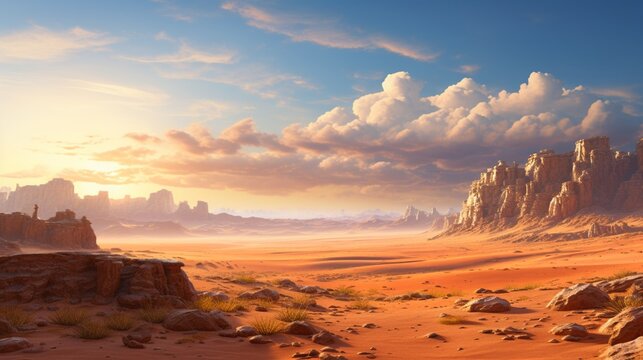 a serene desert stretching far and wide, bathed in the warm hues of the setting sun.