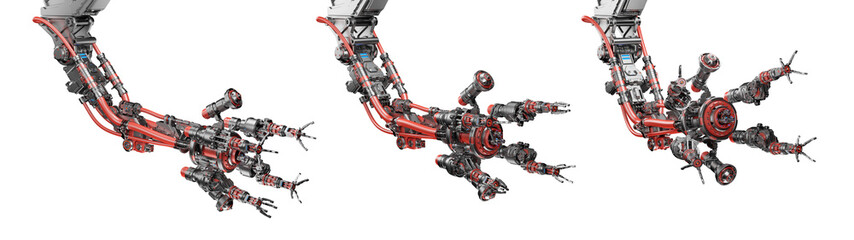 Robotic arm or advanced mechanical hand computing different movements. Industrial robot manipulator. Futuristic technology. Collage or set of three positions. 3d rendering isolated on transparent