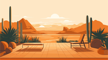 A landscape of dry desert and cactus and a chair to relax