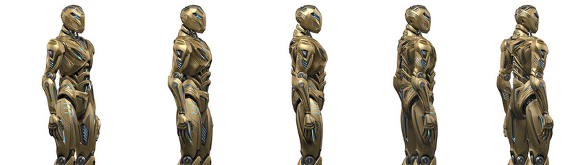 Futuristic alien robot or very detailed sci fi cyborg standing. Full body. Collage or set of five different angles. Isolated on transparent background. 3d render