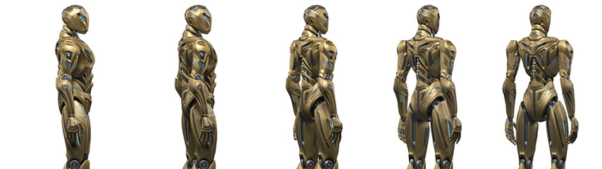 Futuristic alien robot or very detailed sci fi cyborg standing. Full body. Collage or set of five different angles. Isolated on transparent background. 3d render
