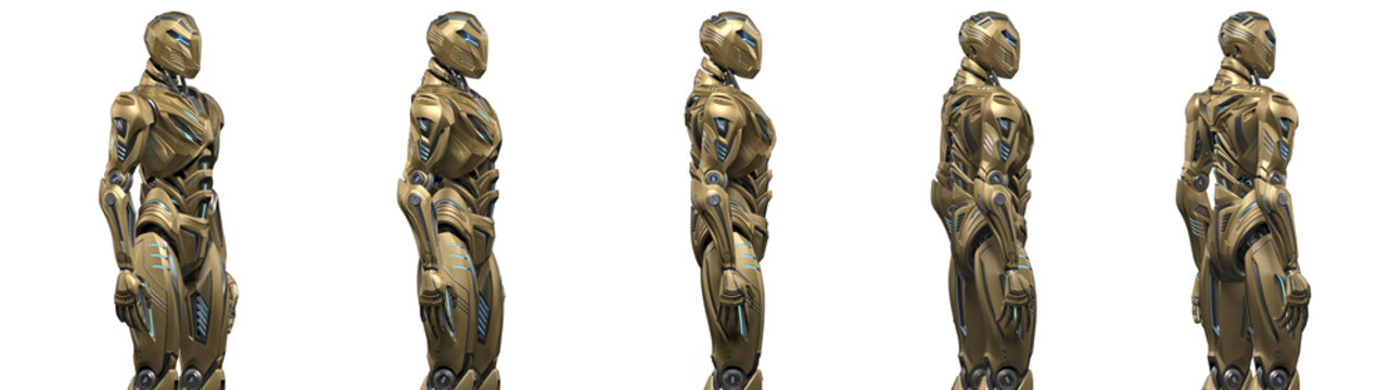 Futuristic alien robot or very detailed sci fi cyborg standing. Full body. Collage or set of five different angles. Isolated on transparent background. 3d render