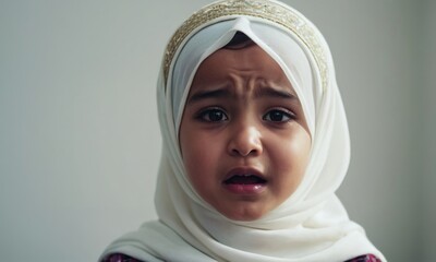 crying little Muslim girl, small child, children's emotions, portrait of children, crying children, children's tears