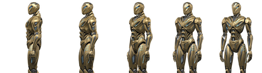 Futuristic alien robot or very detailed sci fi cyborg standing. Full body. Collage or set of five different angles. Isolated on transparent background. 3d render