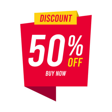 Discounts 50 percent off. Red template on white background. Vector illustration