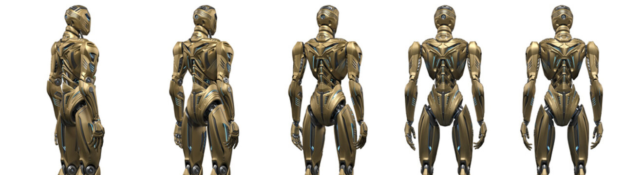 Futuristic alien robot or very detailed sci fi cyborg standing. Full body. Collage or set of five different angles. Isolated on transparent background. 3d render