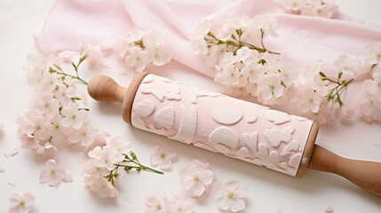 a soft pink rolling pin, its delicate and charming color palette creating a sense of sweetness and grace, harmonizing beautifully with the pristine white backdrop.