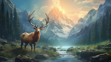 elk in the mountains - obrazy, fototapety, plakaty
