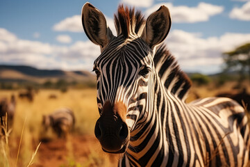 Fototapeta na wymiar Zebra portrait in savannah landscape. Black and white striped zebra in national park