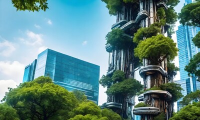 Fototapeta premium A futuristic city with glass buildings and green trees