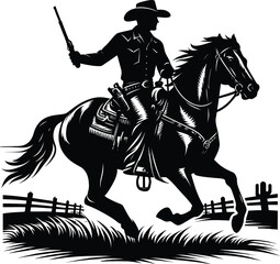 Cowboy Riding On A Horse Logo Monochrome Design Style