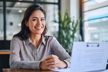 Smiling professional Latin employer hr manager holding cv during interview hiring for job female Asian female recruit, advisor consulting client sitting in office at meeting. HR, Generative AI - obrazy, fototapety, plakaty