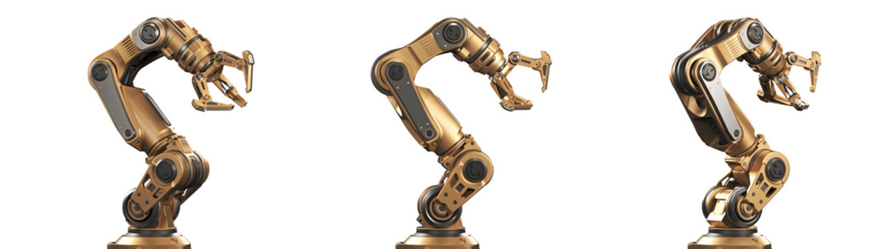 Robotic arm or yellow mechanical hand computing different movements. Industrial robot manipulator. Futuristic technology. Collage or set of three positions. 3d rendering isolated on transparent