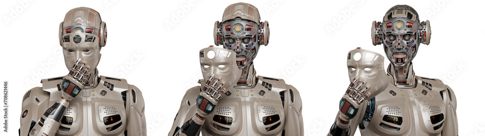 Poster detailed futuristic robot man or humanoid cyborg removes his face mask showing vey complex mechanism