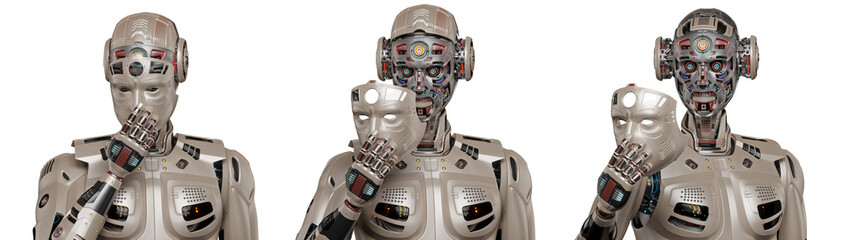 Detailed futuristic robot man or humanoid cyborg removes his face mask showing vey complex mechanism of his head with many gears. 3d rendering isolated on transparent background. Set of three poses.