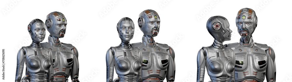 Poster 3d render of two detailed futuristic robots man and woman looking at each other while staying togeth