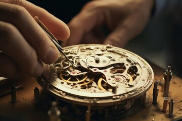 Mechanical watch repair. Watchmaker repairs vintage mechanical watches. Watchmaker's workshop .Vintage watch mechanism under repair close up detail - Powered by Adobe
