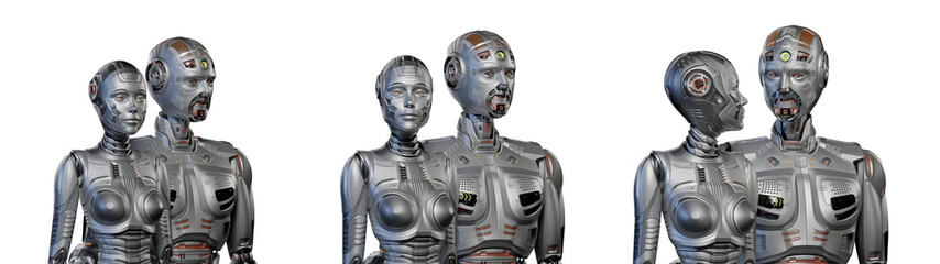 3d render of two detailed futuristic robots man and woman looking at each other while staying together. Upper bodies view isolated on transparent background. Set or collage of three poses.
