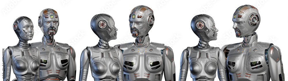 Poster 3d render of two detailed futuristic robots man and woman looking at each other while staying togeth