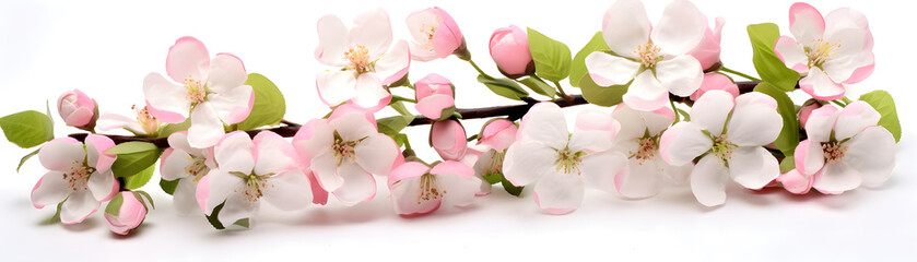 pink and white apple flowers blossom on white background banner - obrazy, fototapety, plakaty